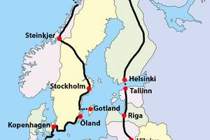 Tourkarte © Thomas Meixner eine Karte von Skandinavien, auf der Meixners Radtour eingezeichnet ist